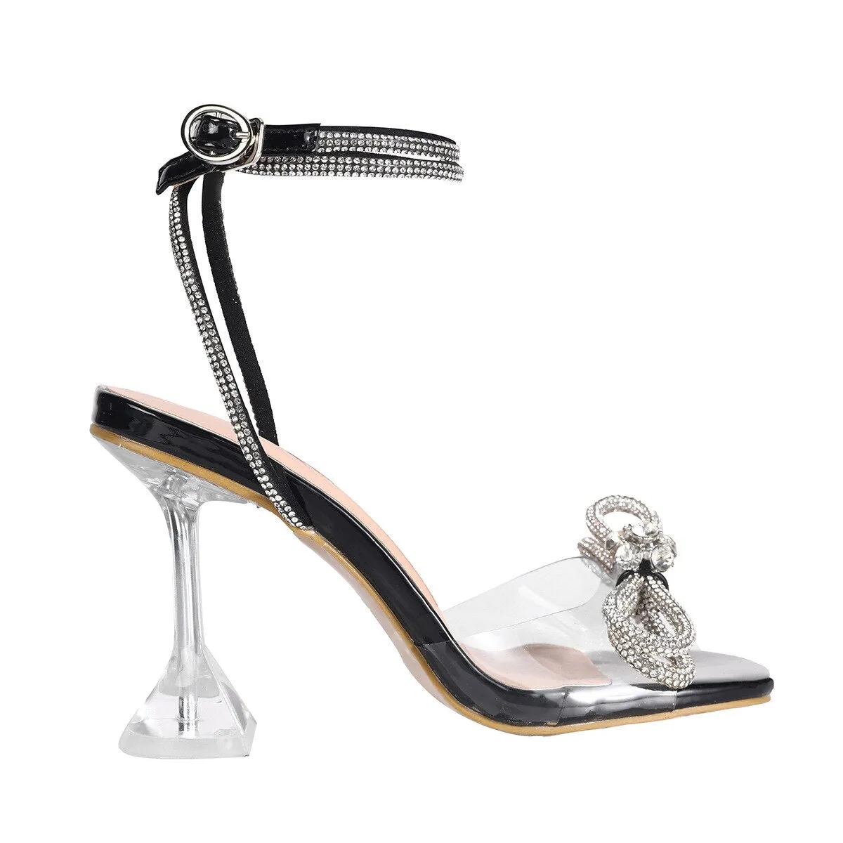 Glimmer Diamante Bowknot Square Toe Ankle Strap Sandals