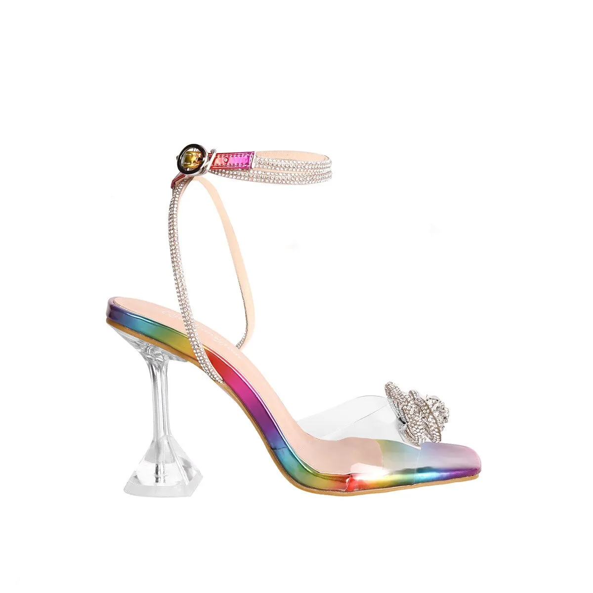 Glimmer Diamante Bowknot Square Toe Ankle Strap Sandals