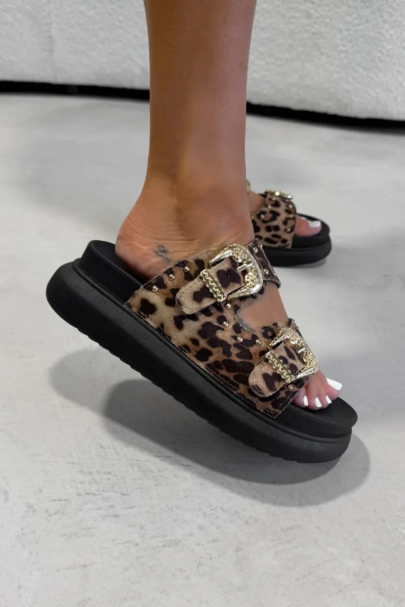 HAZEL Chunky Studded Buckle Sandals - Leopard