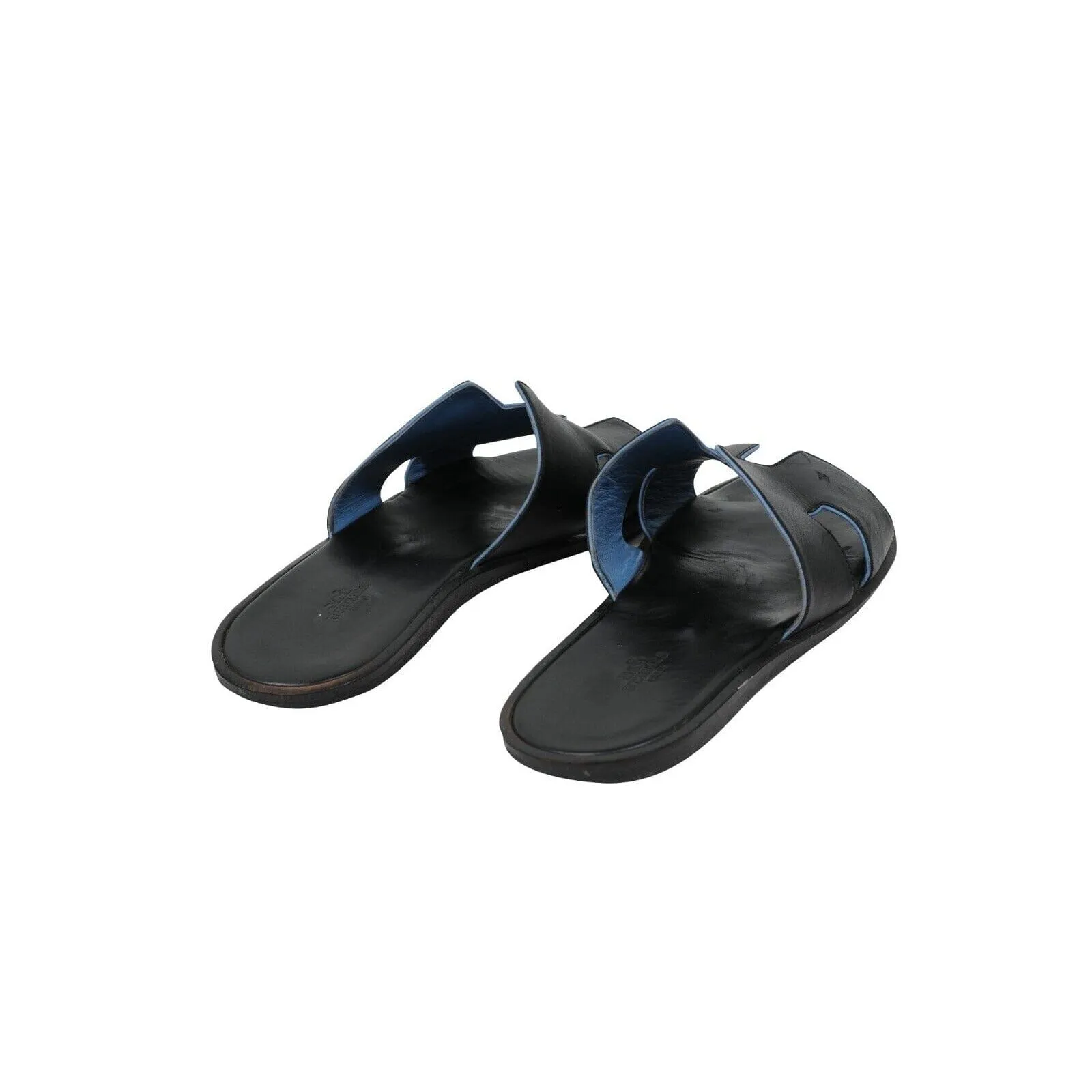 Izmir Sandals Black Blue Leather Slides H Logo Slippers
