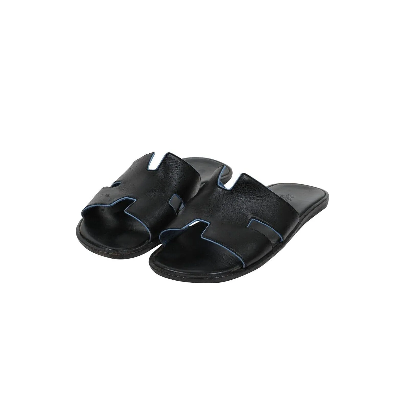 Izmir Sandals Black Blue Leather Slides H Logo Slippers