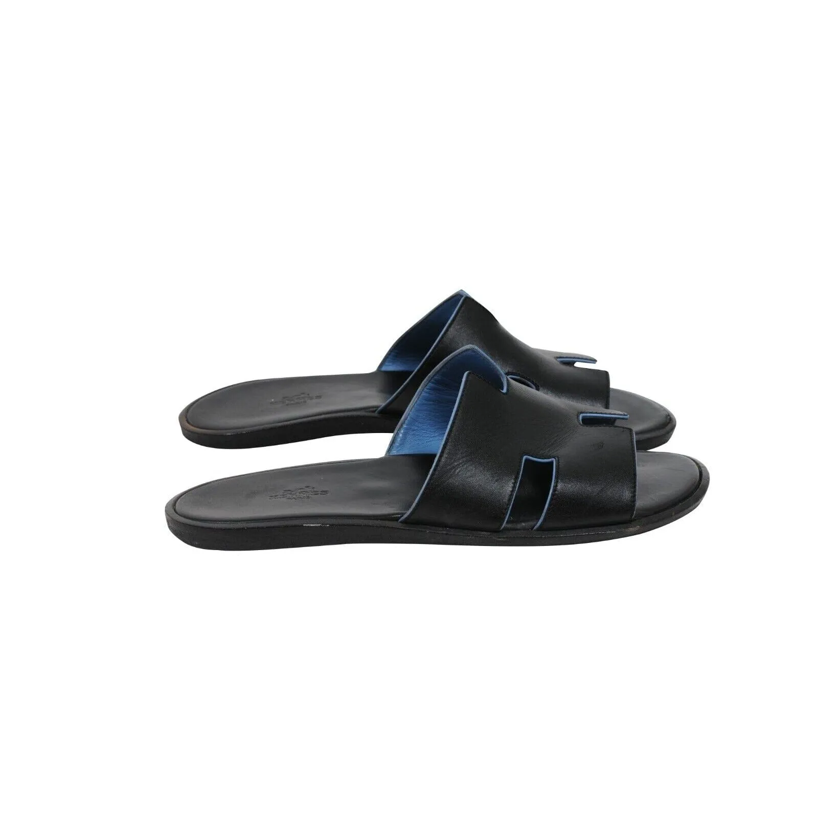 Izmir Sandals Black Blue Leather Slides H Logo Slippers