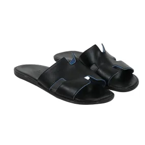 Izmir Sandals Black Blue Leather Slides H Logo Slippers