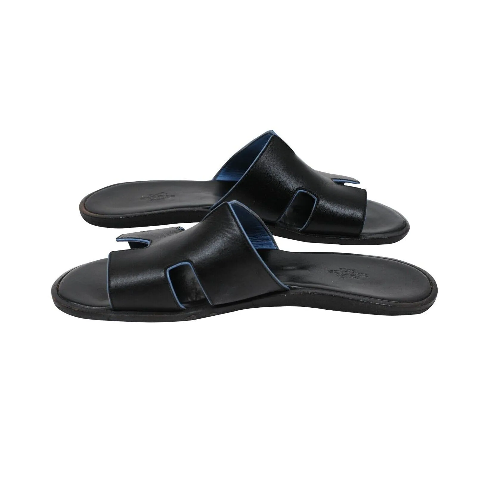 Izmir Sandals Black Blue Leather Slides H Logo Slippers