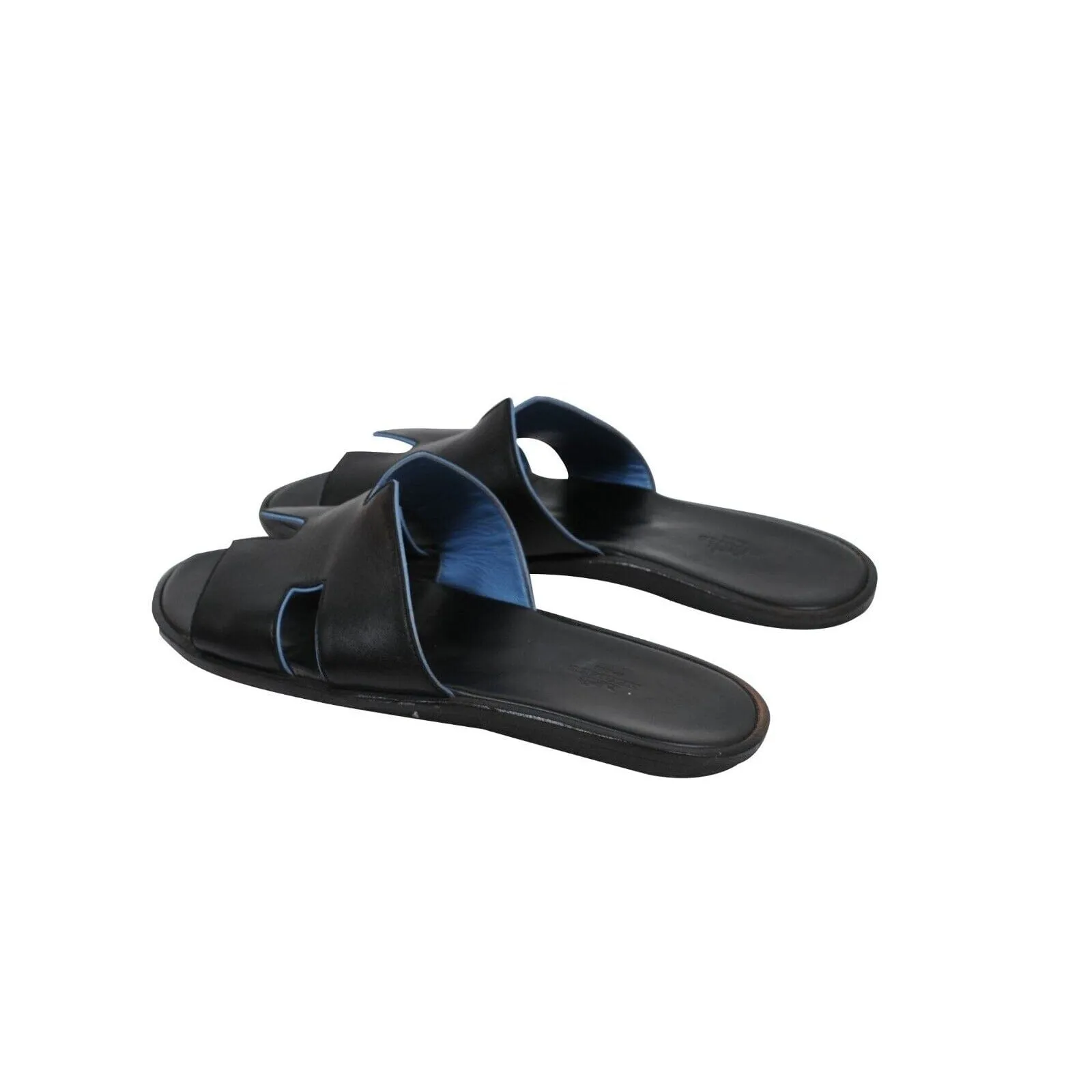 Izmir Sandals Black Blue Leather Slides H Logo Slippers