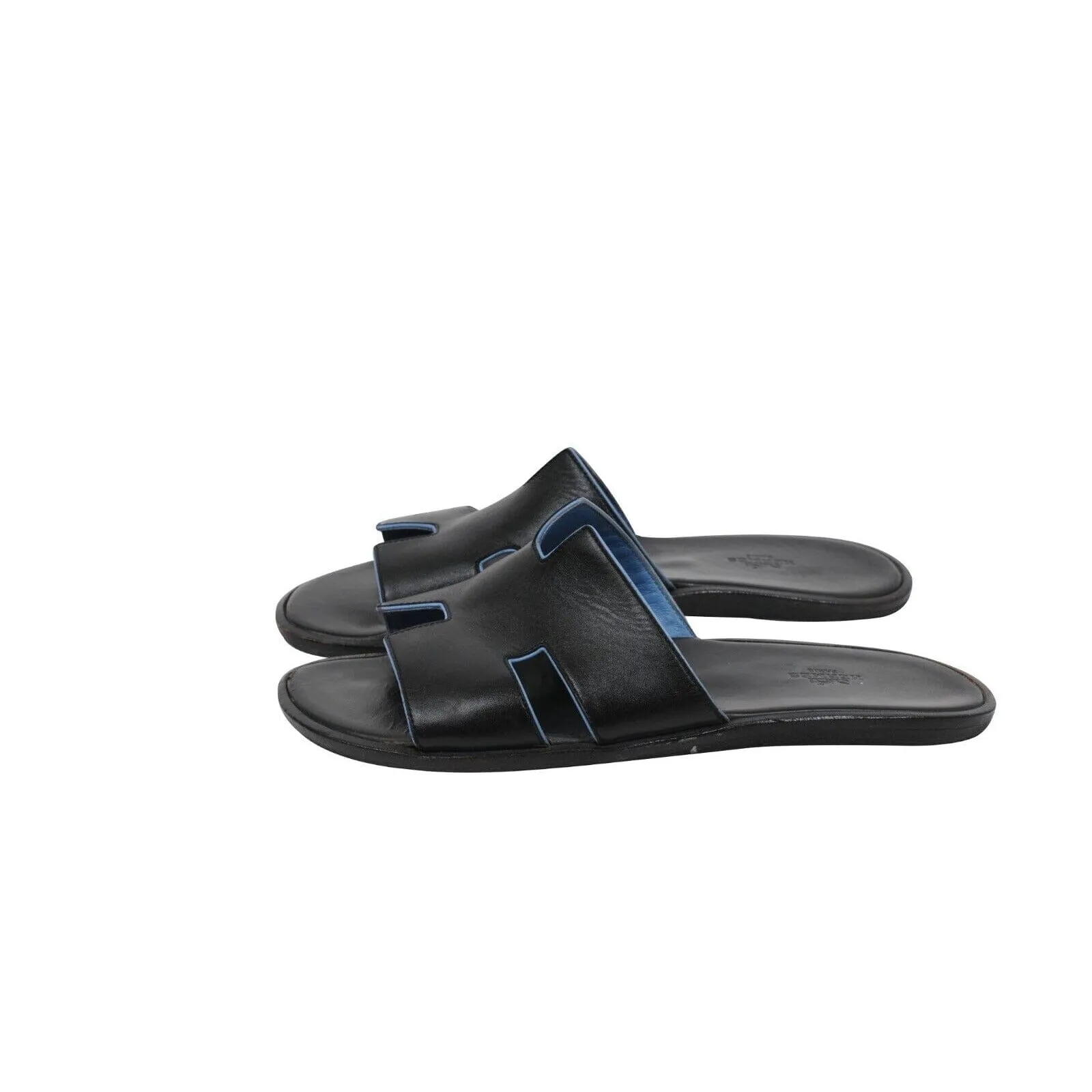 Izmir Sandals Black Blue Leather Slides H Logo Slippers
