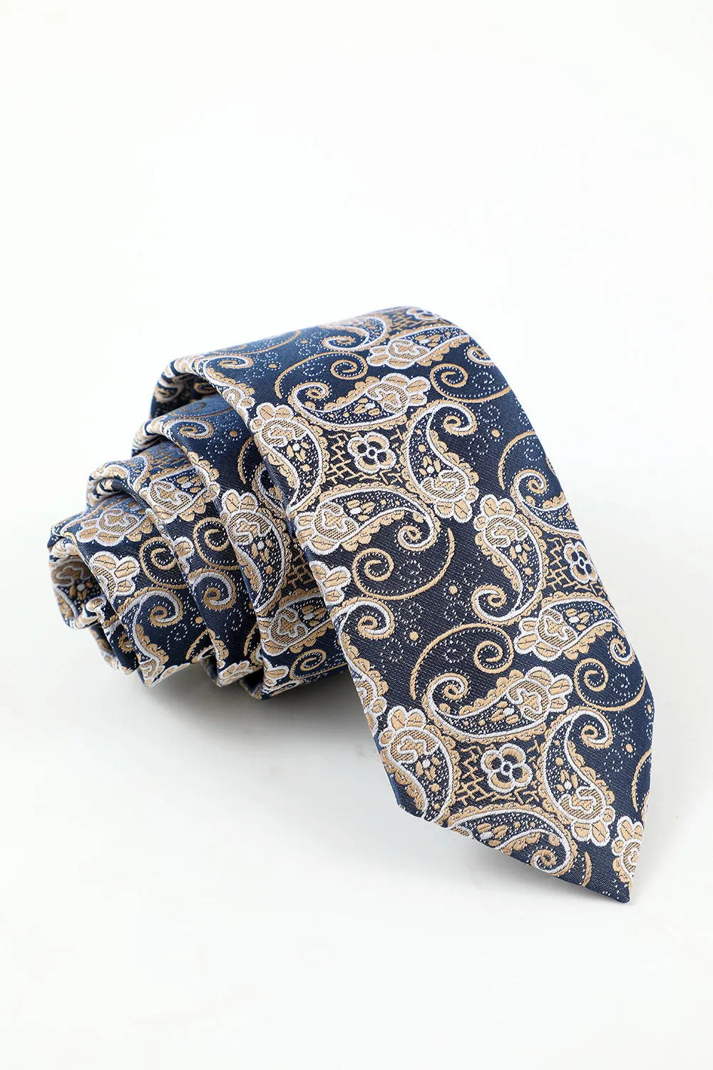 Men's Navy Jacquard 5-Piece Accessory Set Tie and Bow Tie Pocket Square Flower Lapel Pin Tie Clip