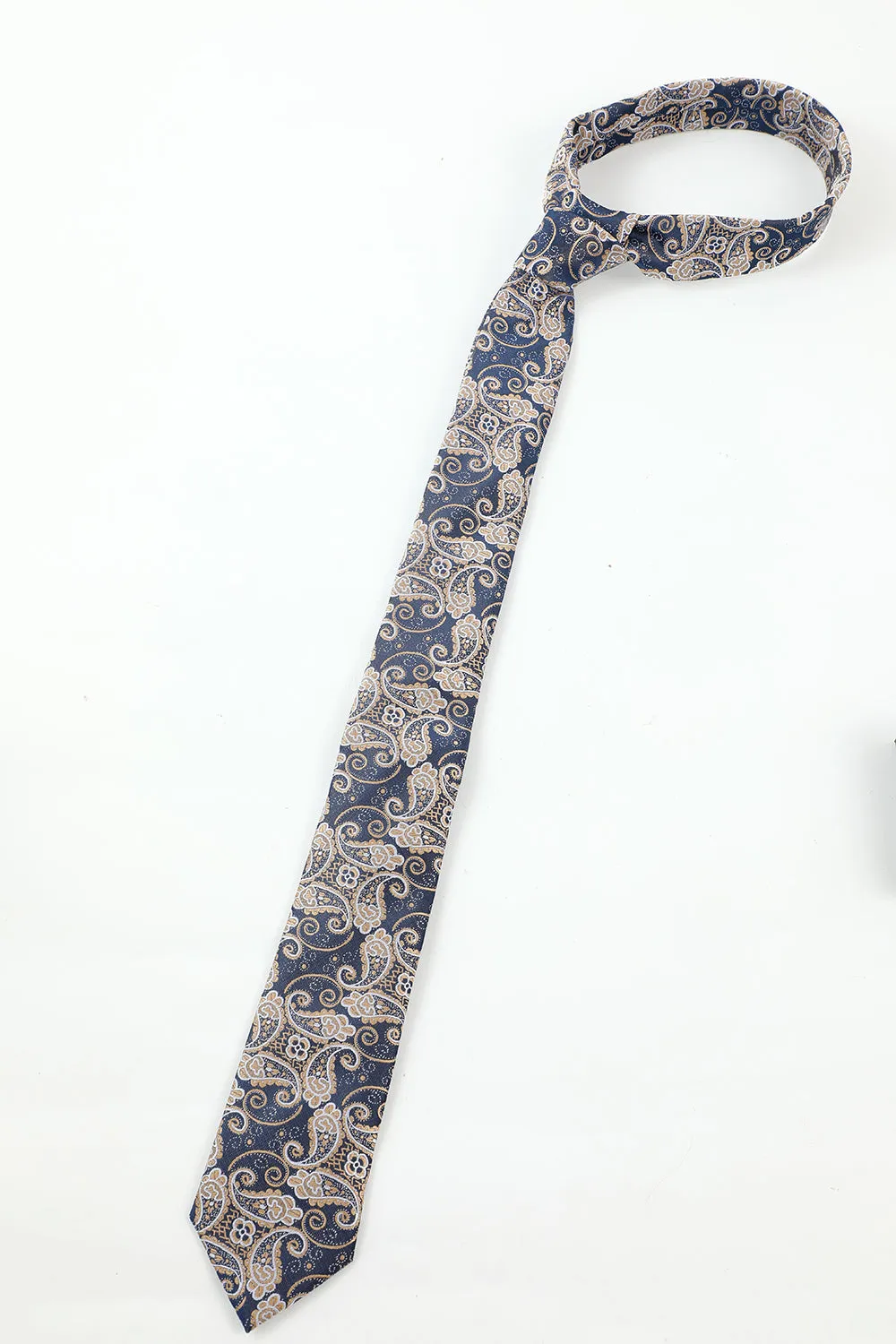 Men's Navy Jacquard 5-Piece Accessory Set Tie and Bow Tie Pocket Square Flower Lapel Pin Tie Clip