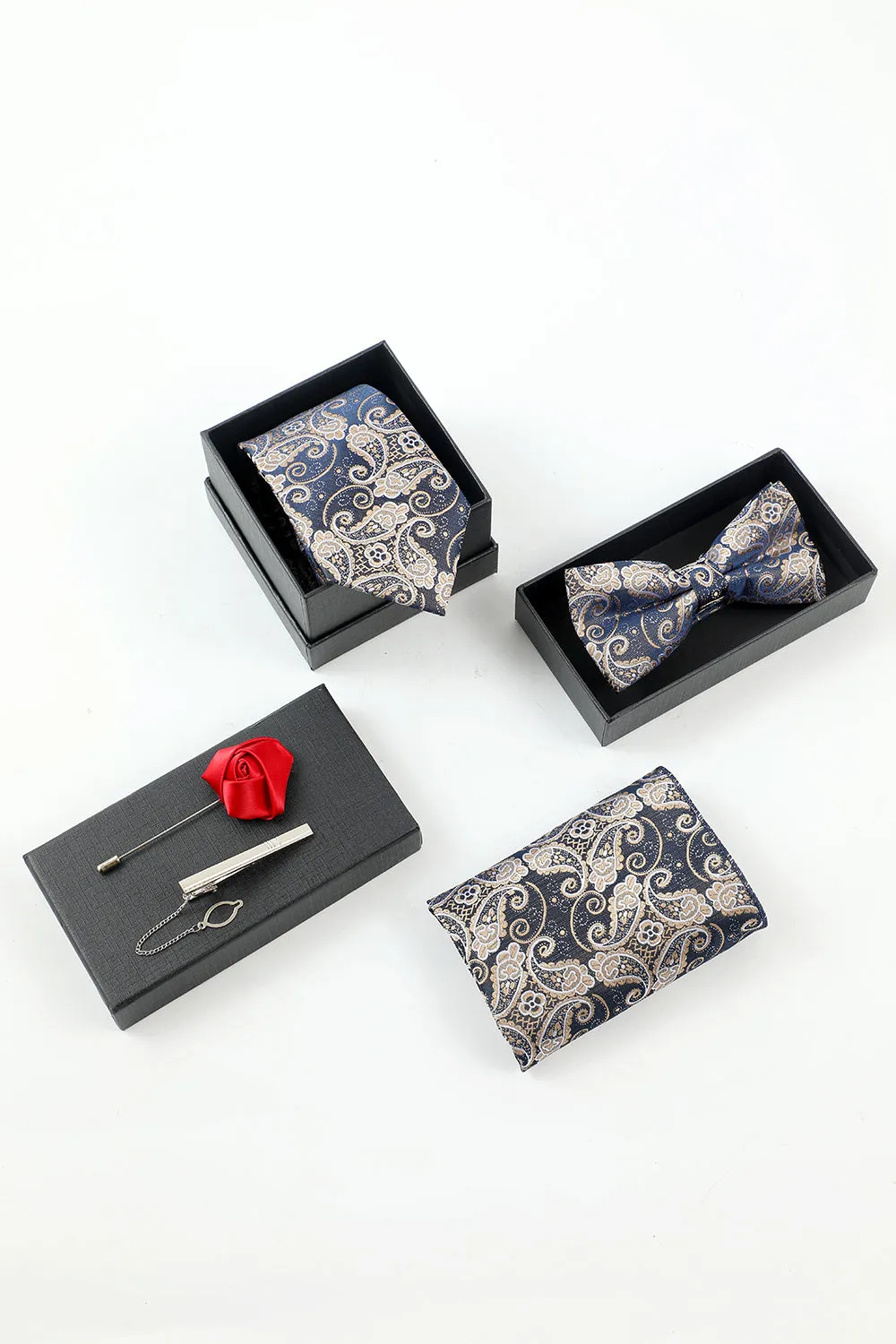 Men's Navy Jacquard 5-Piece Accessory Set Tie and Bow Tie Pocket Square Flower Lapel Pin Tie Clip