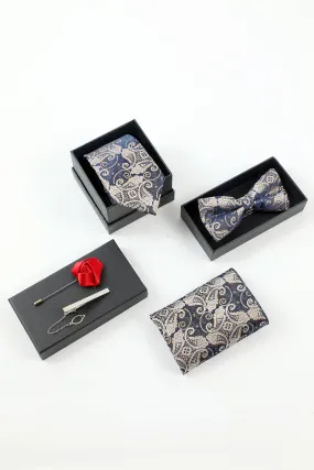 Men's Navy Jacquard 5-Piece Accessory Set Tie and Bow Tie Pocket Square Flower Lapel Pin Tie Clip