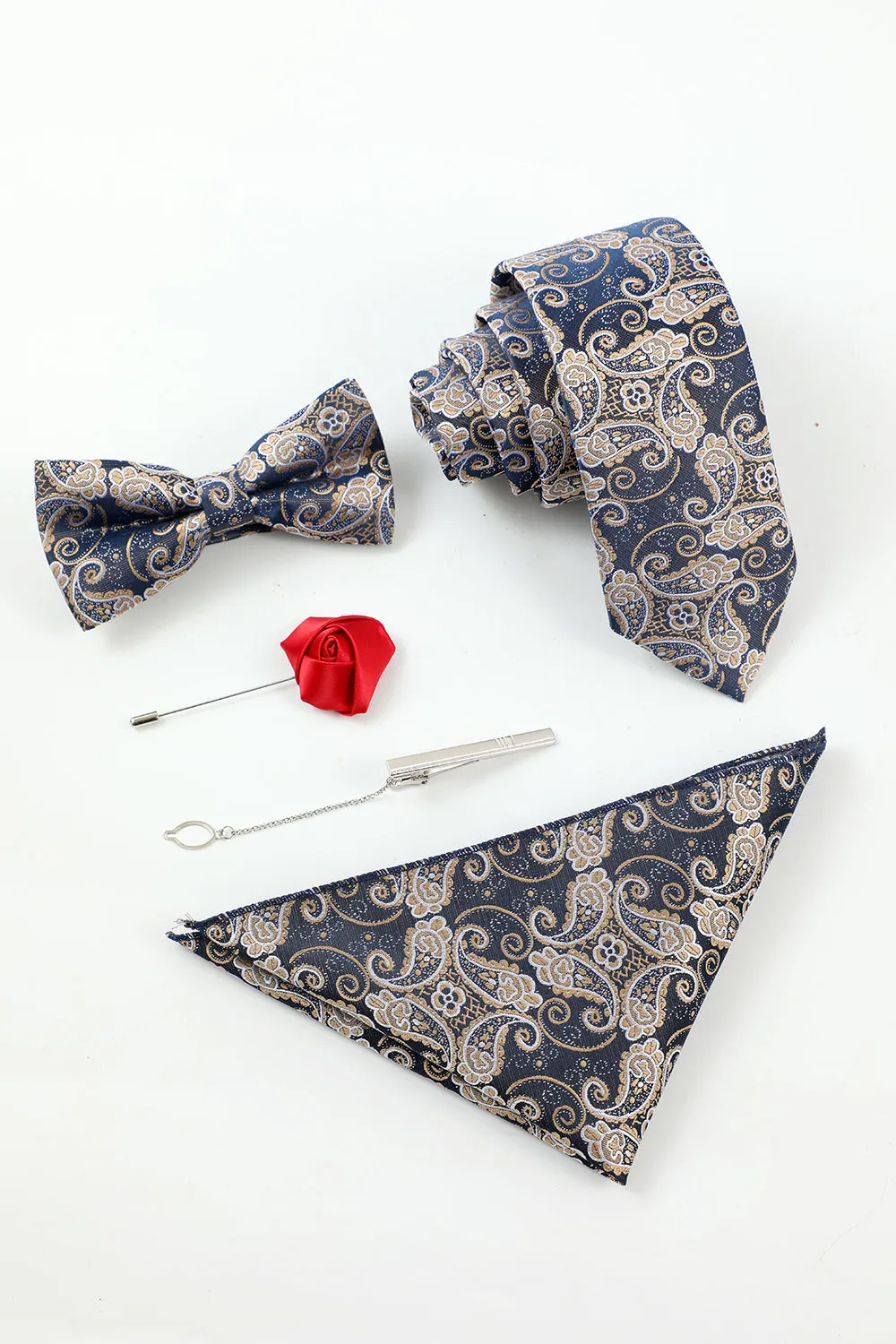 Men's Navy Jacquard 5-Piece Accessory Set Tie and Bow Tie Pocket Square Flower Lapel Pin Tie Clip