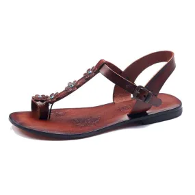 Tan Leather Toe Loop Sandals For Womens